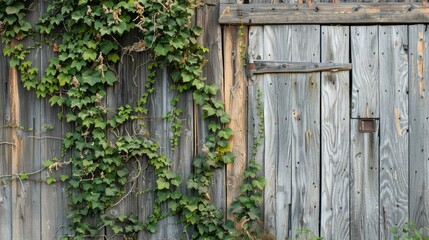 Overgrown ivy on an ancient barn and weathered wood