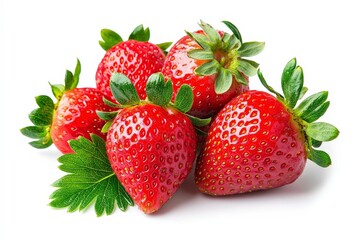 A cluster of fresh, ripe strawberries with green leaves on a white background.