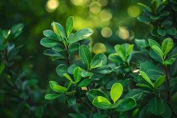 Close up of green leaves on a boxwood tree in a blurred garden background. High quality photo at a high resolution