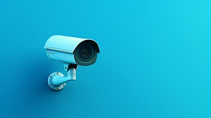 A blue surveillance camera mounted on a wall, designed for security monitoring.