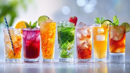 Colorful Array of Various Alcoholic and Non-Alcoholic Cocktails in Glasses