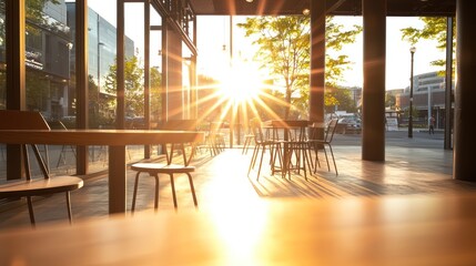 Fototapeta premium Cozy Coffee Shop Bathed in Golden Sunrise Light with Empty Chairs and Tables, Generative Ai
