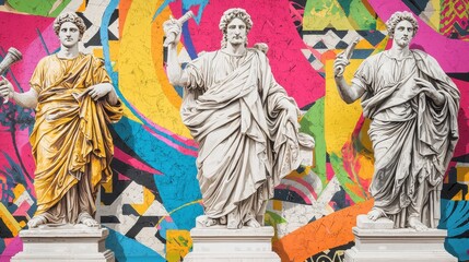 Fototapeta premium Ancient Statues with Modern Graffiti Art