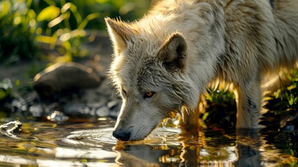 Fototapeta premium A White Wolf Drinking From a Stream