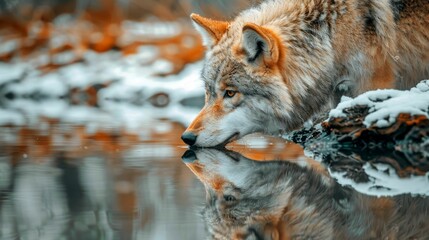 Fototapeta premium Wolf Drinking From a Stream in a Snowy Forest