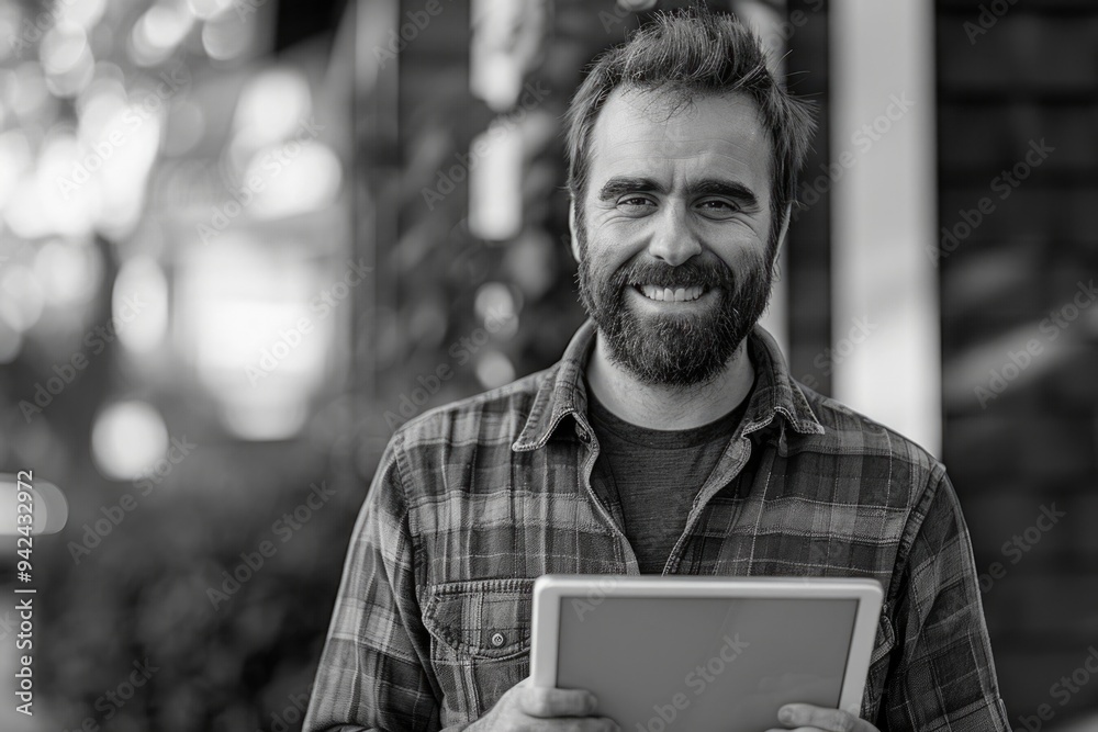 Poster a person with a long beard holding a modern tablet computer