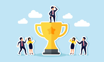 A businessman standing atop a trophy, admired by employees or competitors, illustration concept of Entrepreneur awarded and recognized for exceptional service or outstanding products