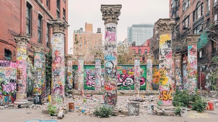 Fototapeta premium Urban Decay Graffiti Art on Pillars in Abandoned City Lot