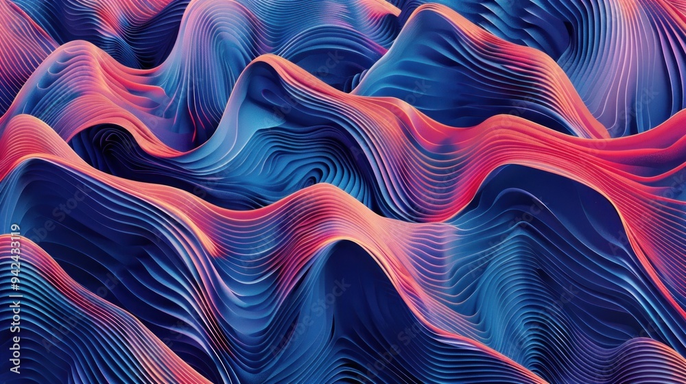 Poster Abstract Wavy 3D Background with Blue and Red Hues.