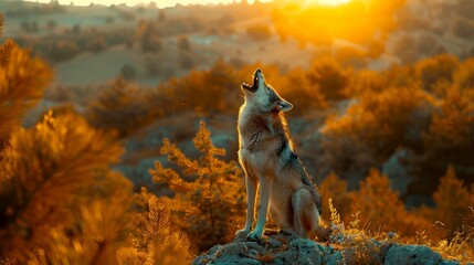 Obraz premium Wolf Howling at Sunset in a Forest