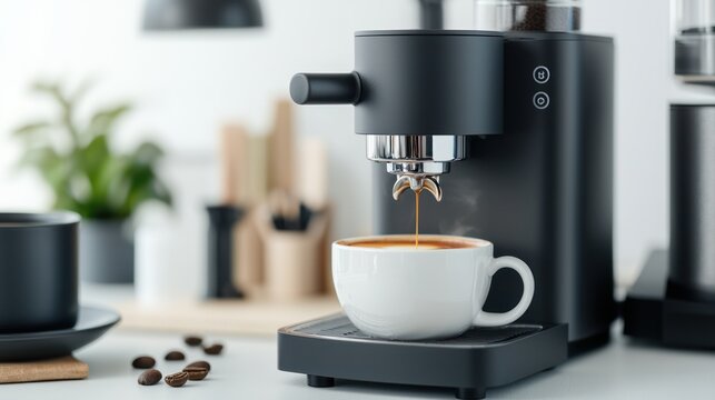 Brewing Fresh Coffee in a Contemporary Office Space with Modern Espresso Machine and Work Essentials, Generative Ai