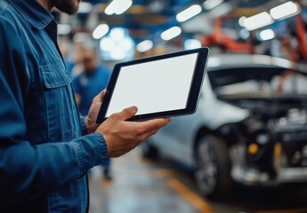 The mechanic is holding an iPad with a white screen in the garage, which has opened up to reveal car parts and tools on display. The background shows another vehicle being cosmetically painted