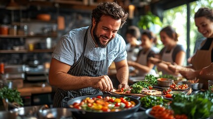 Cheerful Chef Leading Cooking Class with Fresh Ingredients