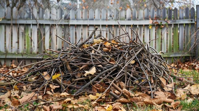 Pile of branches on leaf covered lawn behind fence