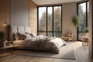 Fototapeta premium Modern bedroom with large windows and wooden accents