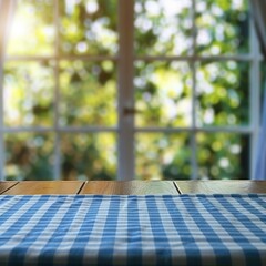 Window kitchen background with a blue checked tablecloth, creating a summer and picnic atmosphere
