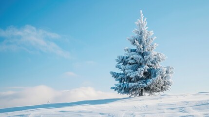 Pine tree covered in snow against blue sky on mountain top