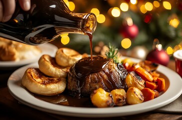Fototapeta premium A hand is pouring thick, rich brown sauce from an elegant, white, embossed, ornate jug over the top of a traditional British Christmas dinner