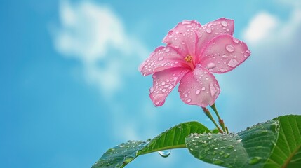 Pink alamanda flower with green leaf in morning rain captured under blue sky