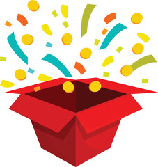 Red gift box exploding with golden coins and colorful confetti on a white background