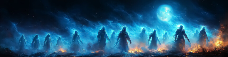 A haunting scene of ethereal ghosts illuminated by blue flames, perfect for Halloween-themed designs or supernatural event promotions.