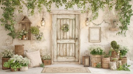 Naklejka premium Rustic Farmhouse Door with Greenery and Flowers
