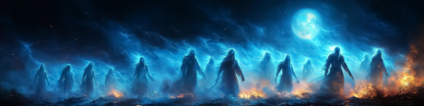 A haunting scene of ethereal ghosts illuminated by blue flames, perfect for Halloween-themed designs or supernatural event promotions.