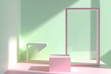 A minimalist stage design style background with light pink and green as the main colors, featuring two square-shaped boxes placed on an open space. The left side of one box is filled with white paper,