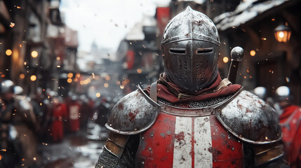 Fototapeta premium A knight in armor stands boldly in a medieval festival street, perfect for historical reenactments or themed events.