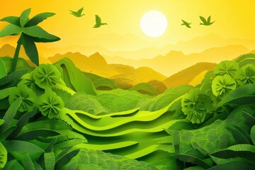 Obraz premium A vibrant sunset over lush green mountains, depicting a serene tropical landscape filled with palm trees and birds.