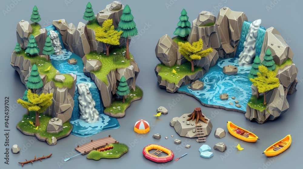 Poster 3D Low Poly River Scene with Canoes.