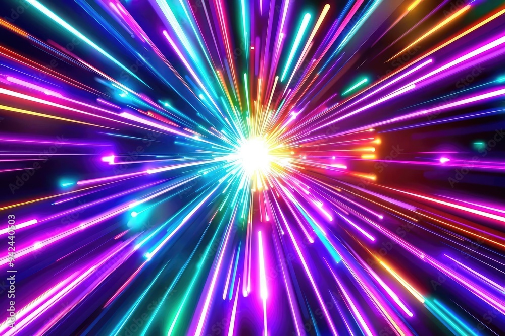 Poster vibrant burst of light rays in various colors creating an energetic and dynamic visual effect on a d