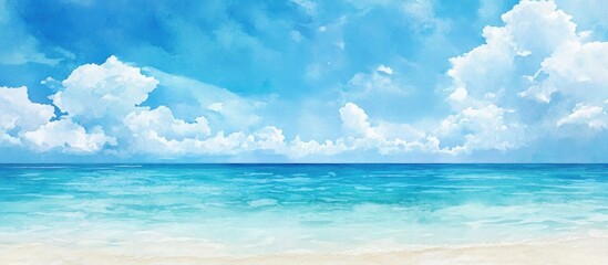 Obraz premium Watercolor illustration featuring a vertical photo of a clear blue sea and sky with ample copy space highlighting tropical beach amenities