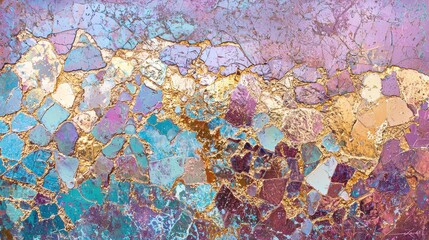 Abstract Colorful Cracked Paint Texture with Gold Accents