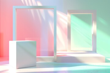 A minimalist stage design style background with light pink and green as the main colors, featuring two square-shaped boxes placed on an open space. The left side of one box is filled with white paper,