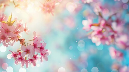 Fototapeta premium Pink cherry blossom and Sakura flowers on blue sky background with soft focus in Tokyo