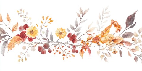Watercolor illustration of a composition featuring branches leaves and flowers The images are hand drawn and isolated on a white background