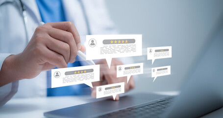 Concept of rating of medical services on the Internet concept.Button healthcare key rating on...