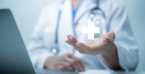 Health care and medical technology services concept. Medical worker with plus icon and healthcare...