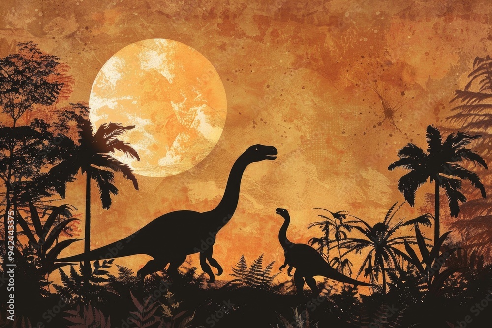 Poster a pair of dinosaurs strolling through the jungle under the light of a full moon