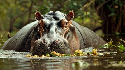 Fototapeta premium Hippopotamus Submerged in Water with Mouth Open, Consuming Vegetation