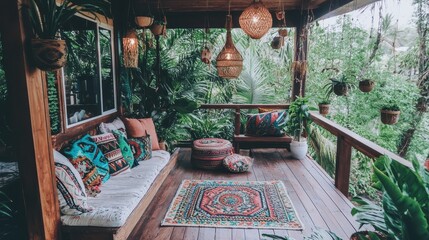Obraz premium Relaxing Bohemian Patio with Tropical Plants Hanging Lights and Pillows