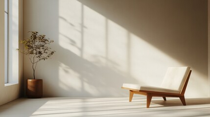 Minimalist Living Room with Modern Chair  Wooden Plant Pot  and Sunlight Streaming Through Window