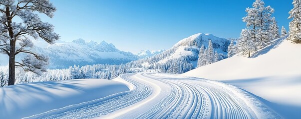 Snow-covered mountain road with a clear blue sky, winter adventure