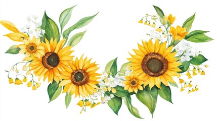 Watercolor floral wreath featuring sunflowers and lilies of the valley