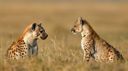 Two Spotted Hyenas Looking at Each Other in Grass
