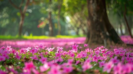 Obraz premium Pink flowers in the park from Ratchapruek trees with tear shaped petals and vibrant foliage