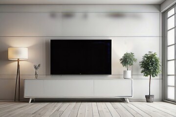 Modern Living Room with Television, Plants, and White Cabinet
