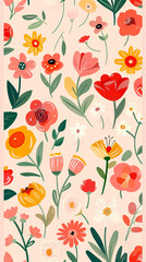 Bright and colorful floral pattern with various flowers on a light pastel background