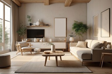 Fototapeta premium Minimalist Living Room with Beige Sofa and Wooden Accents